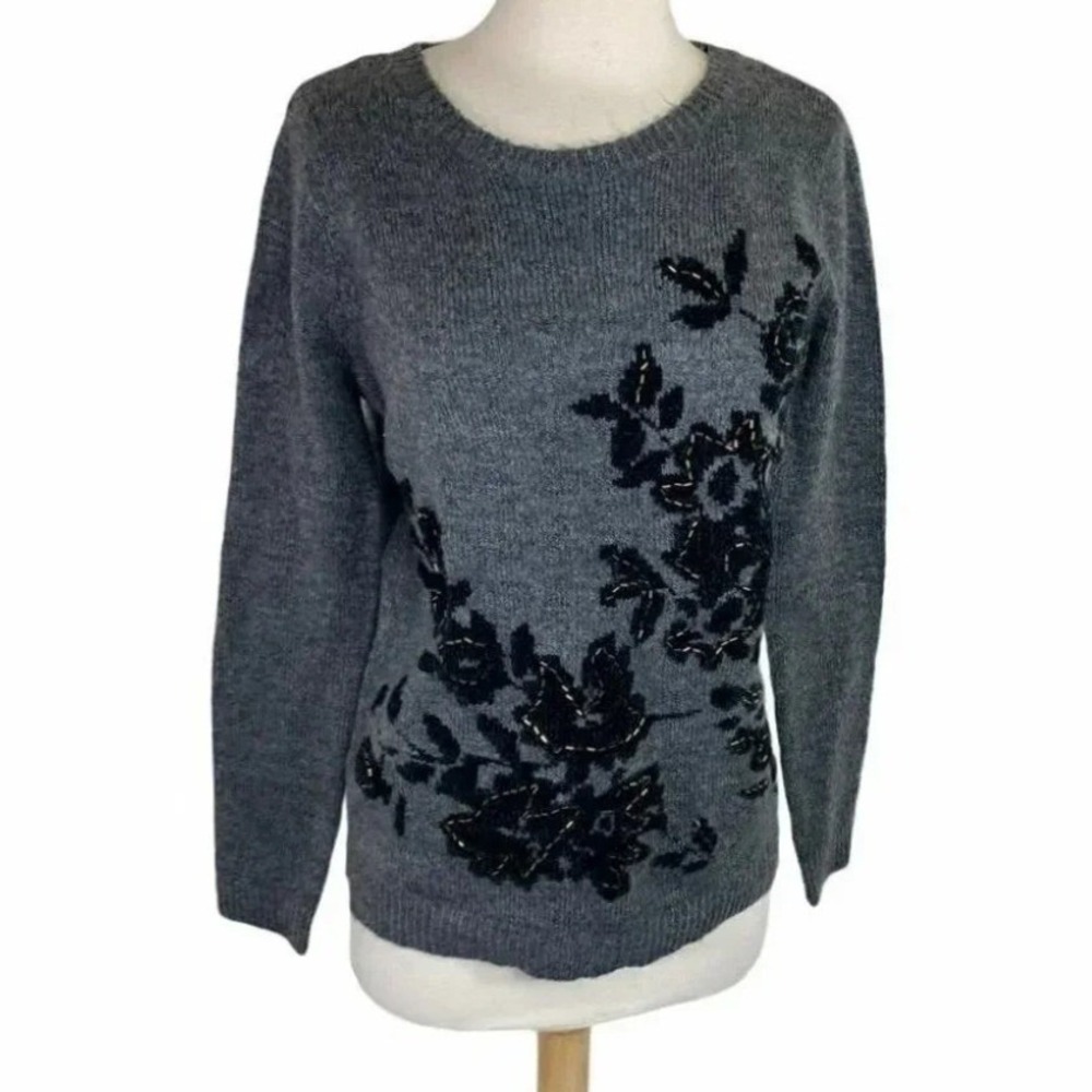 M&Co Sweater 10 Grey Floral Beaded Sequin Embroidered Crew‎ Neck Pullover
